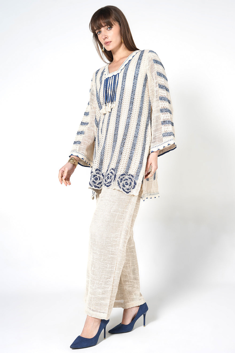 Resha Striped Jute Designer Co-Ord Set with Tassel Detail