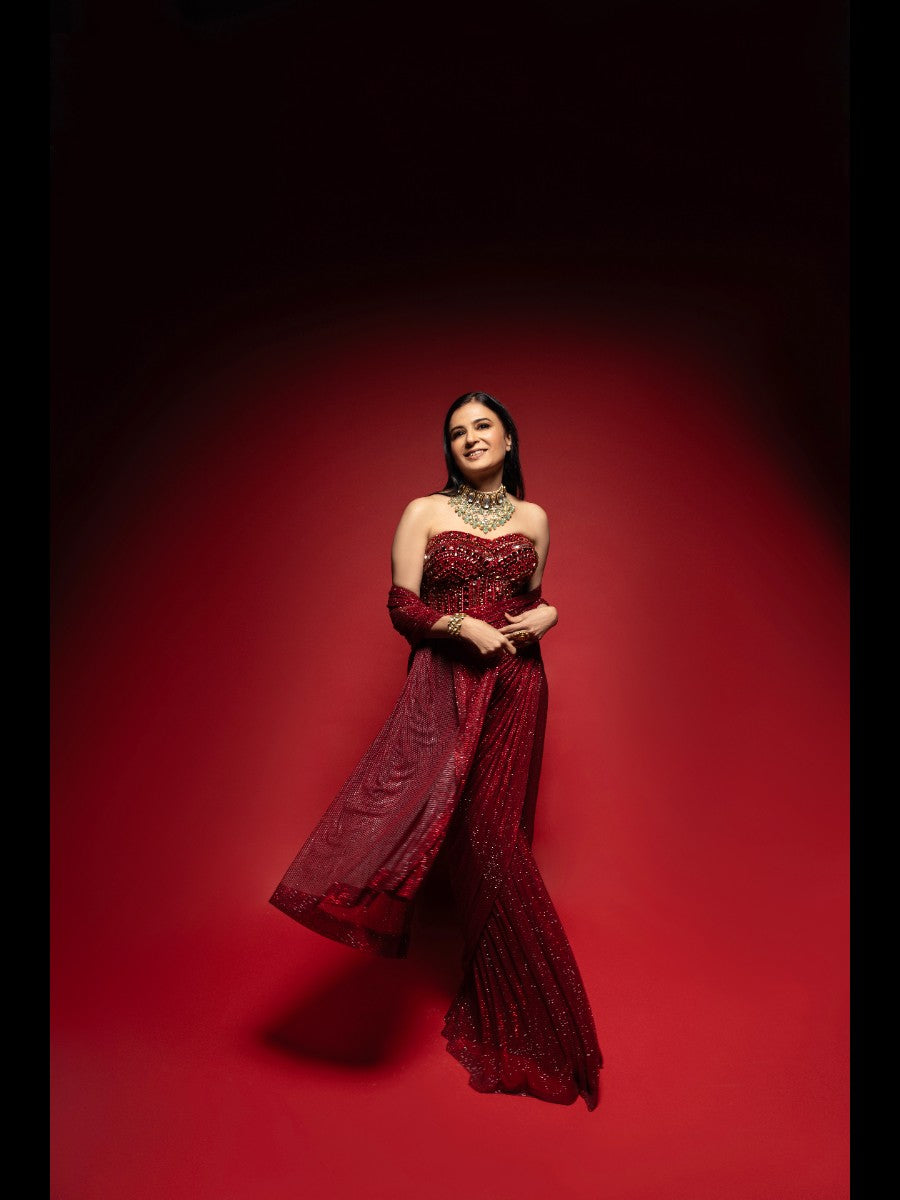 Divya Gurwara in Crimson Stardust Drape Set