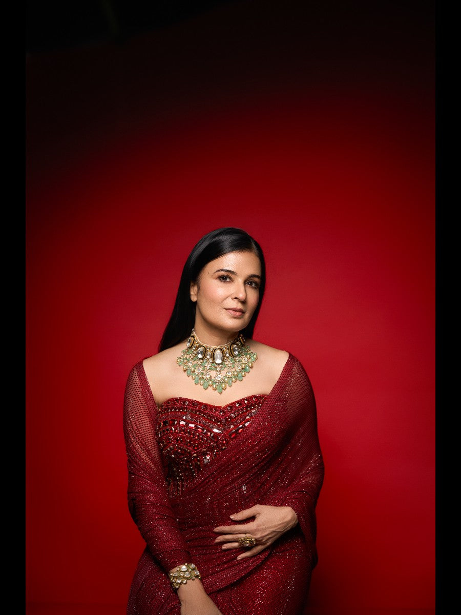 Divya Gurwara in Crimson Stardust Drape Set