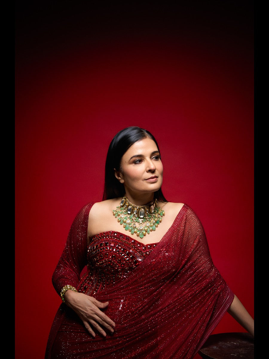 Divya Gurwara in Crimson Stardust Drape Set