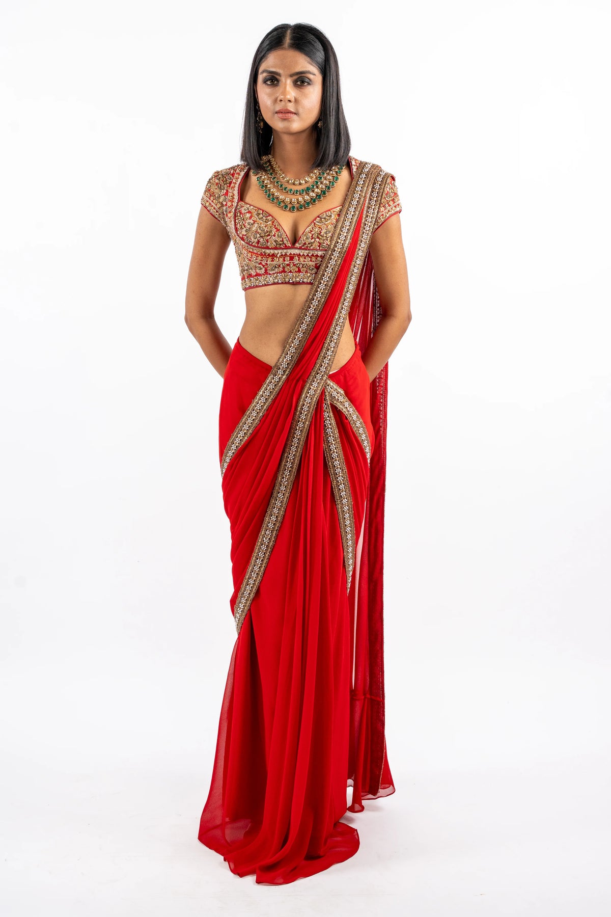 Scarlet Drape Saree with Crystal Border