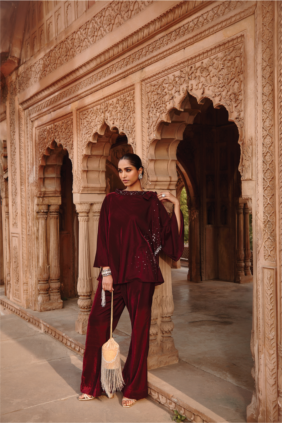RIA Wine Velvet Embroidered Knotted Top and Flared Bottom Set