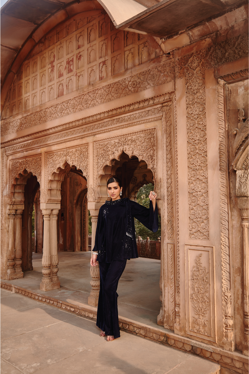 Ria Navy Blue Celestial Embroidered Velvet Co-ord Set for Parties