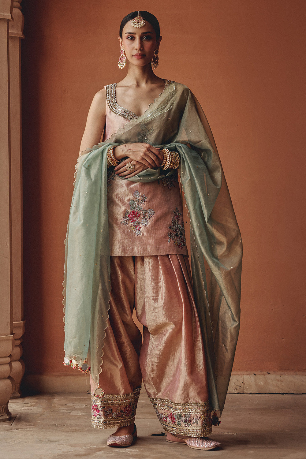 Rose Gold Blush Bloom Sharara Set in Zari Tissue