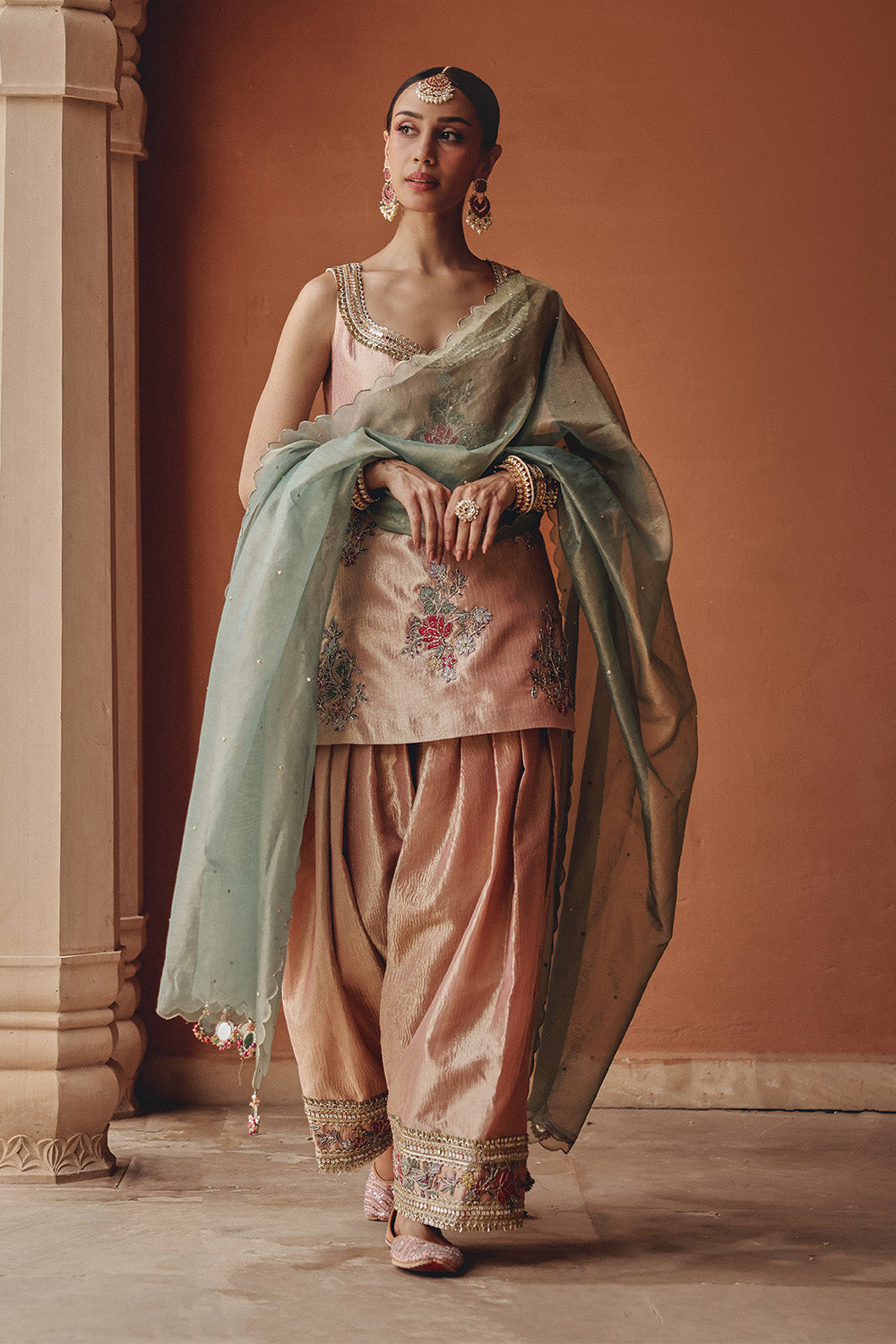 Rose Gold Blush Bloom Sharara Set in Zari Tissue