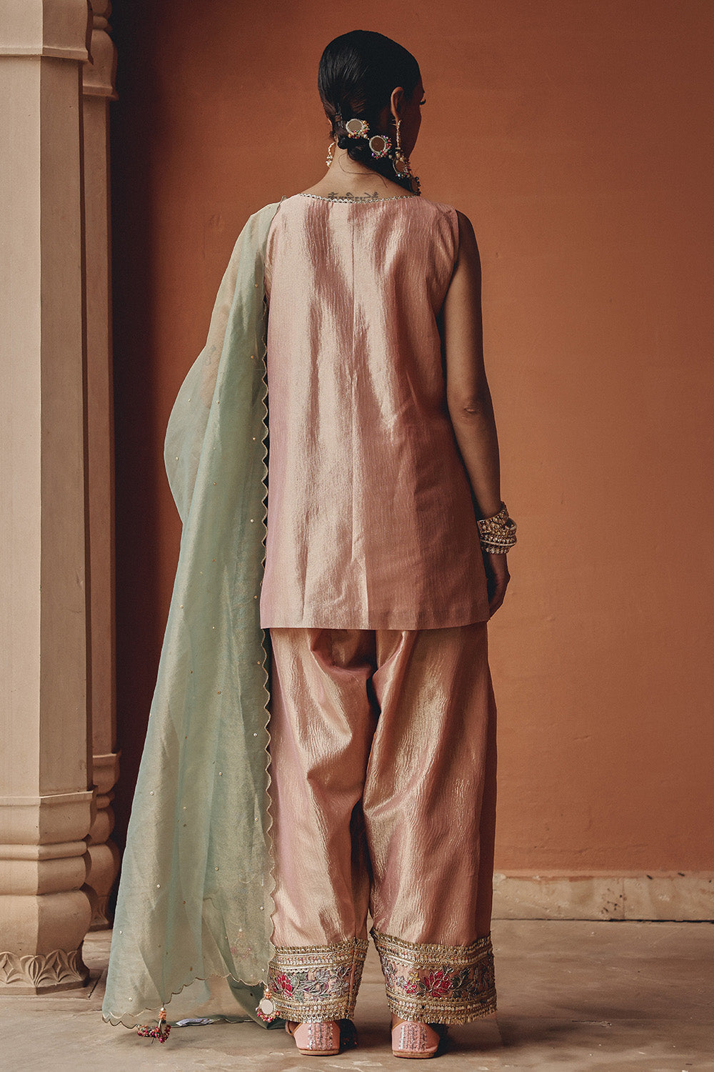 Rose Gold Blush Bloom Sharara Set in Zari Tissue