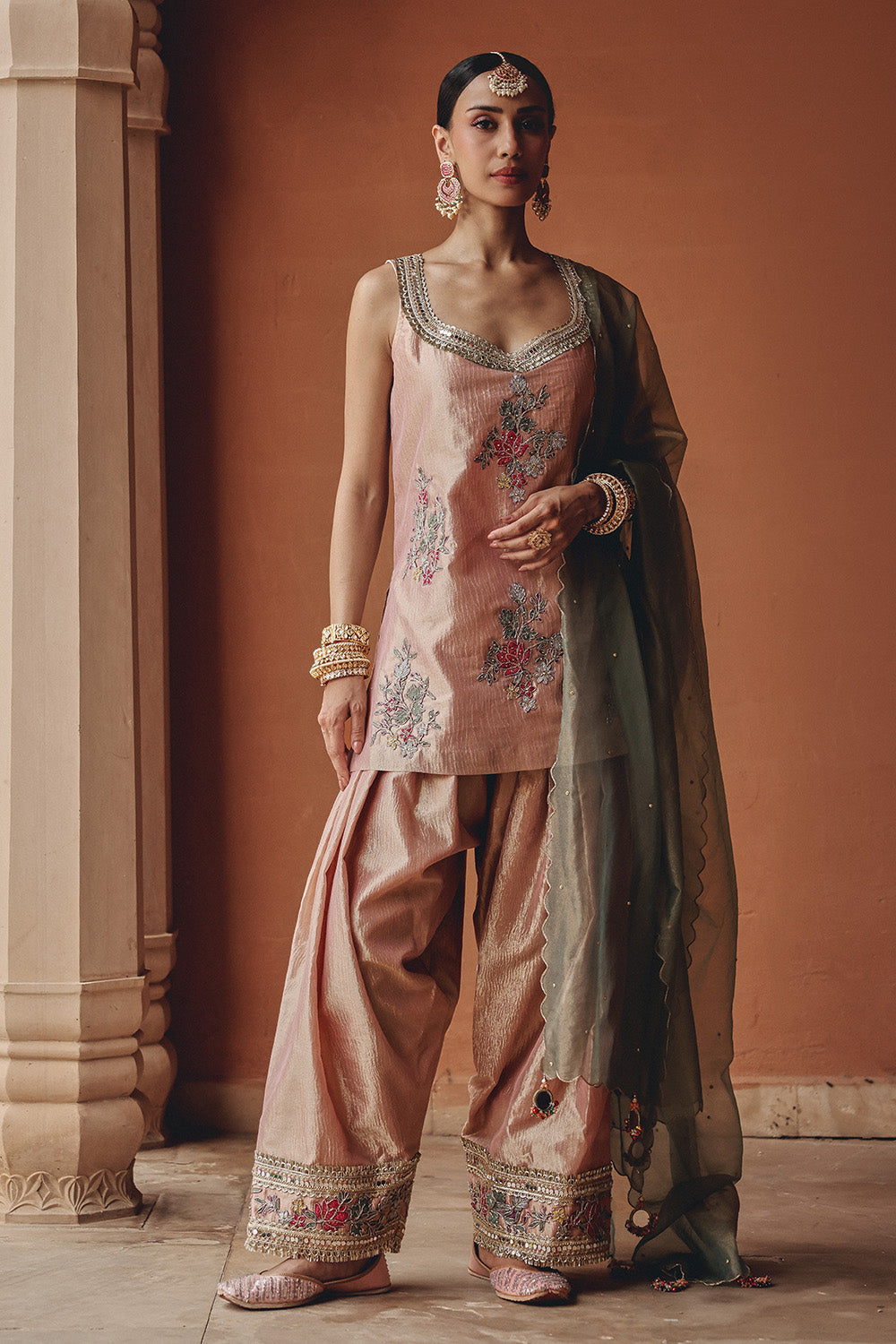 Rose Gold Blush Bloom Sharara Set in Zari Tissue