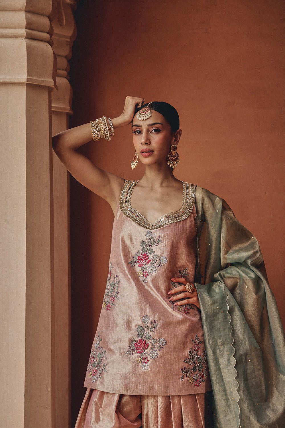 Rose Gold Blush Bloom Sharara Set in Zari Tissue