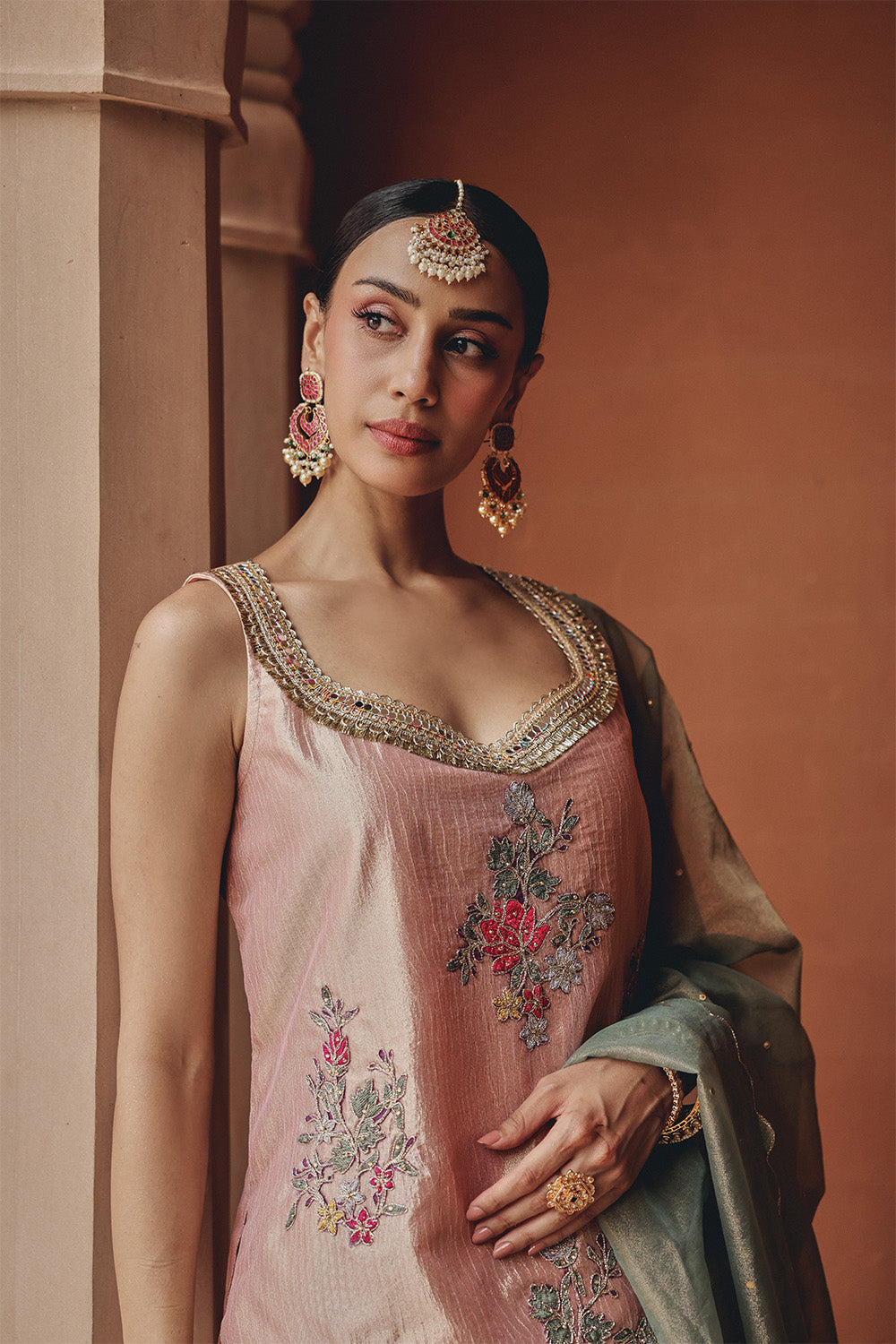 Rose Gold Blush Bloom Sharara Set in Zari Tissue