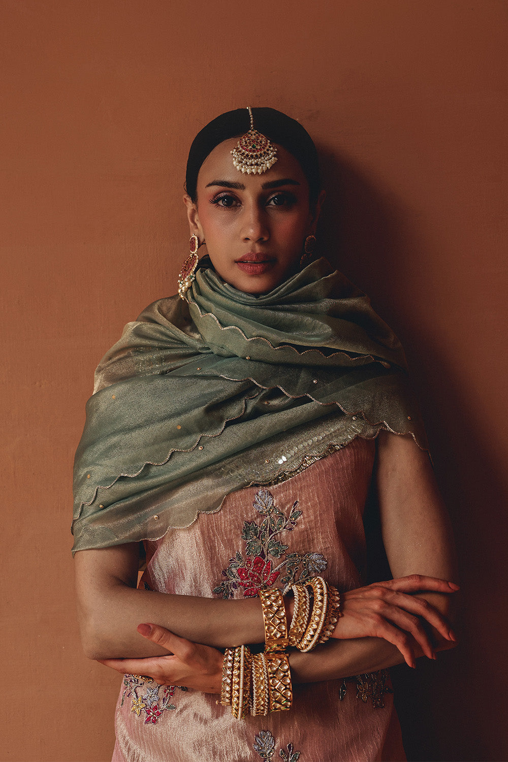 Rose Gold Blush Bloom Sharara Set in Zari Tissue
