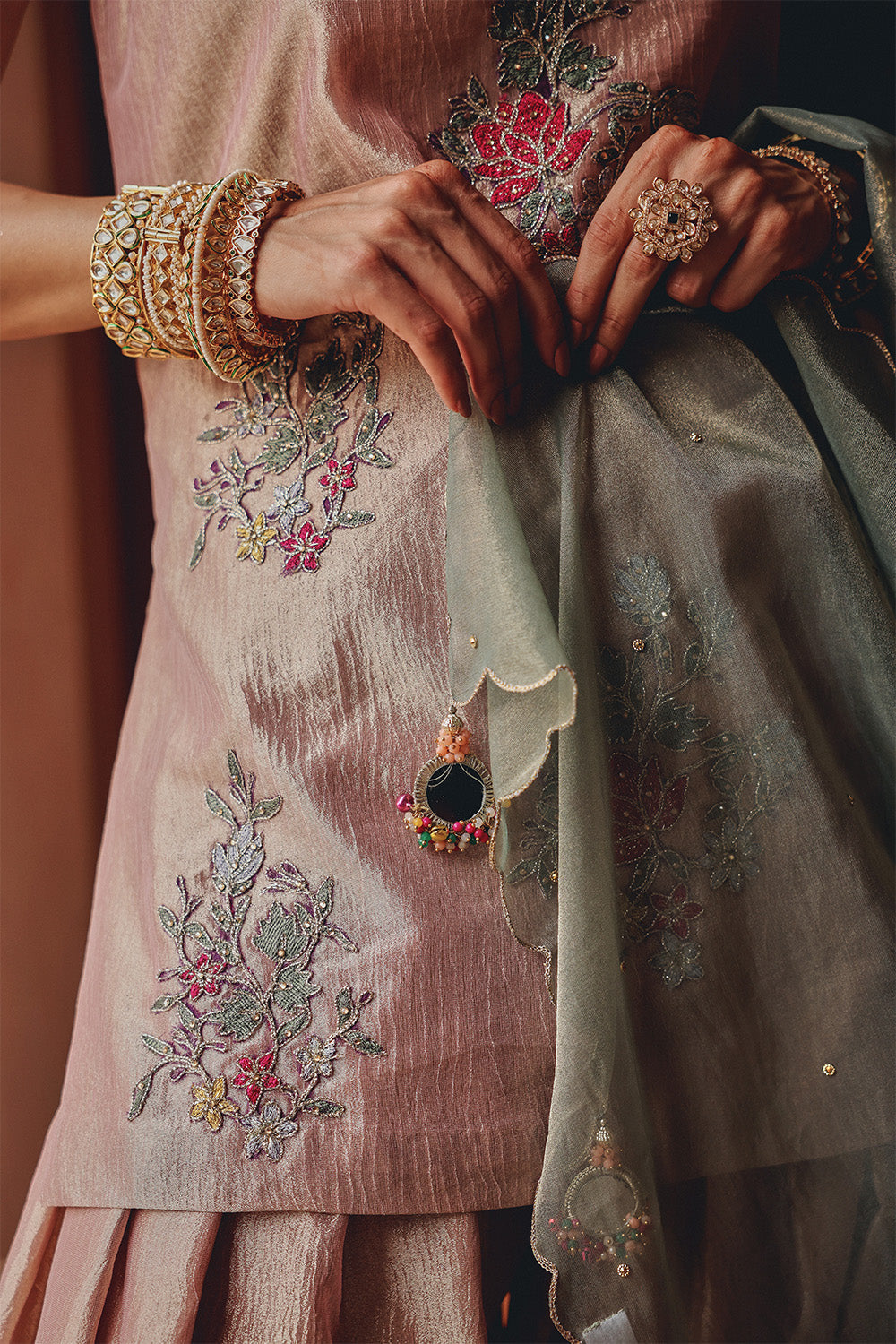 Rose Gold Blush Bloom Sharara Set in Zari Tissue