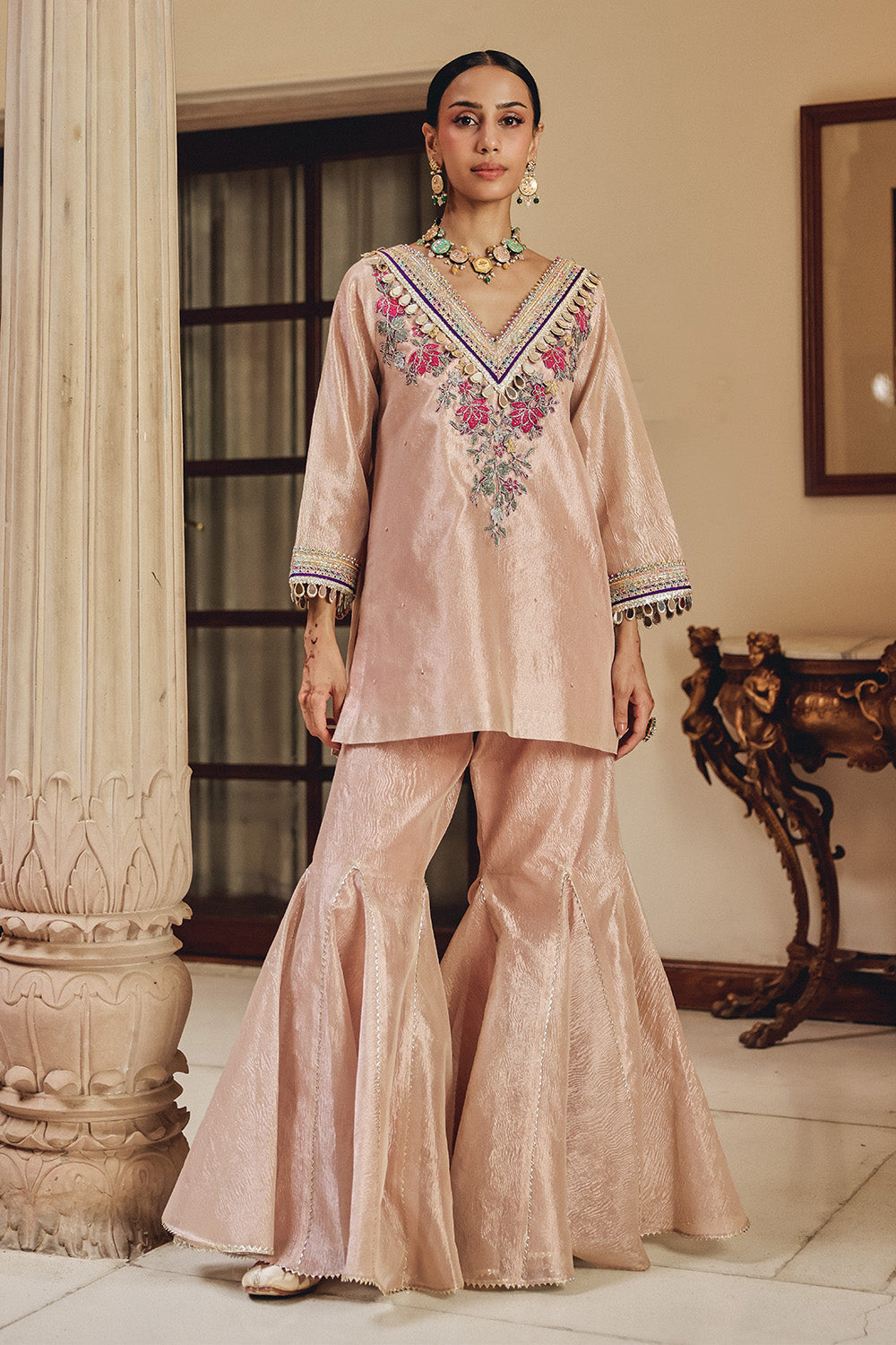 Rose Gold Gulnaz Blush Pink Sharara Set in Structured Zari Tissue