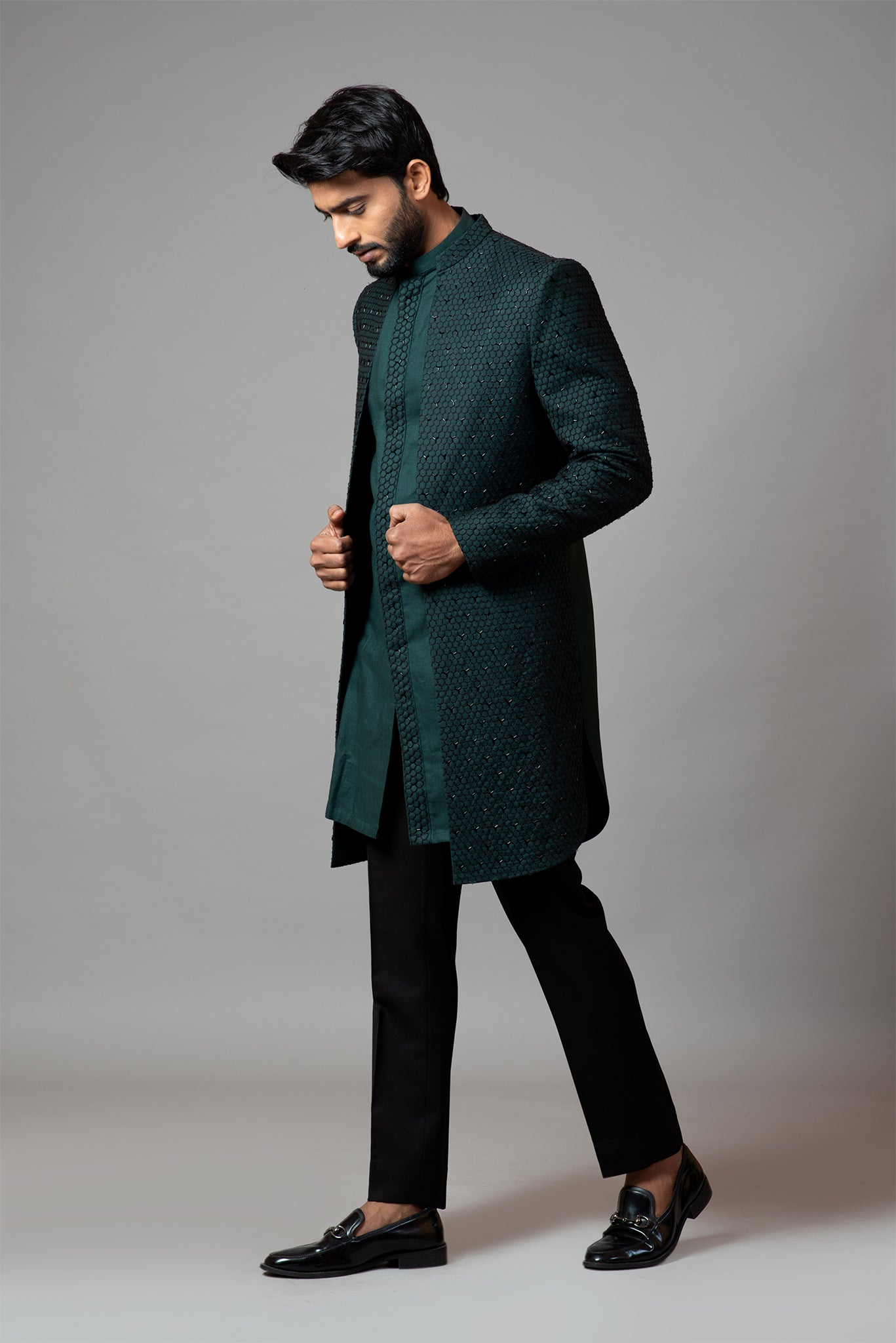 Straight Cut Fully Embroidered Achkan With Kurta And Trousers Set