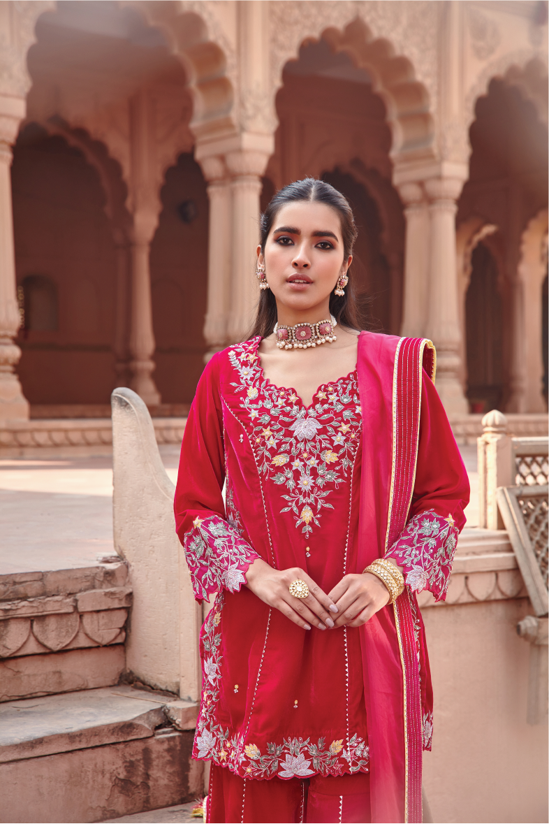 Rani Pink Embroidered Cotton Silk Kurta Garara Set - RUFI