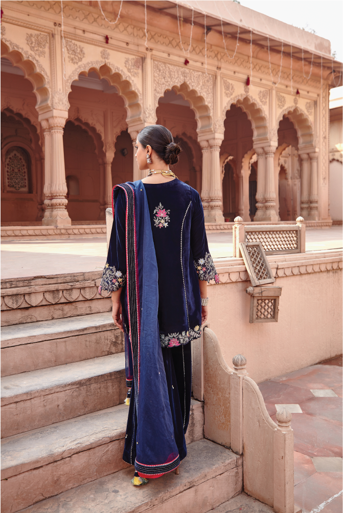 Rufi Navy Blue Hand Embroidered Short Kurta with Garara & Organza Dupatta