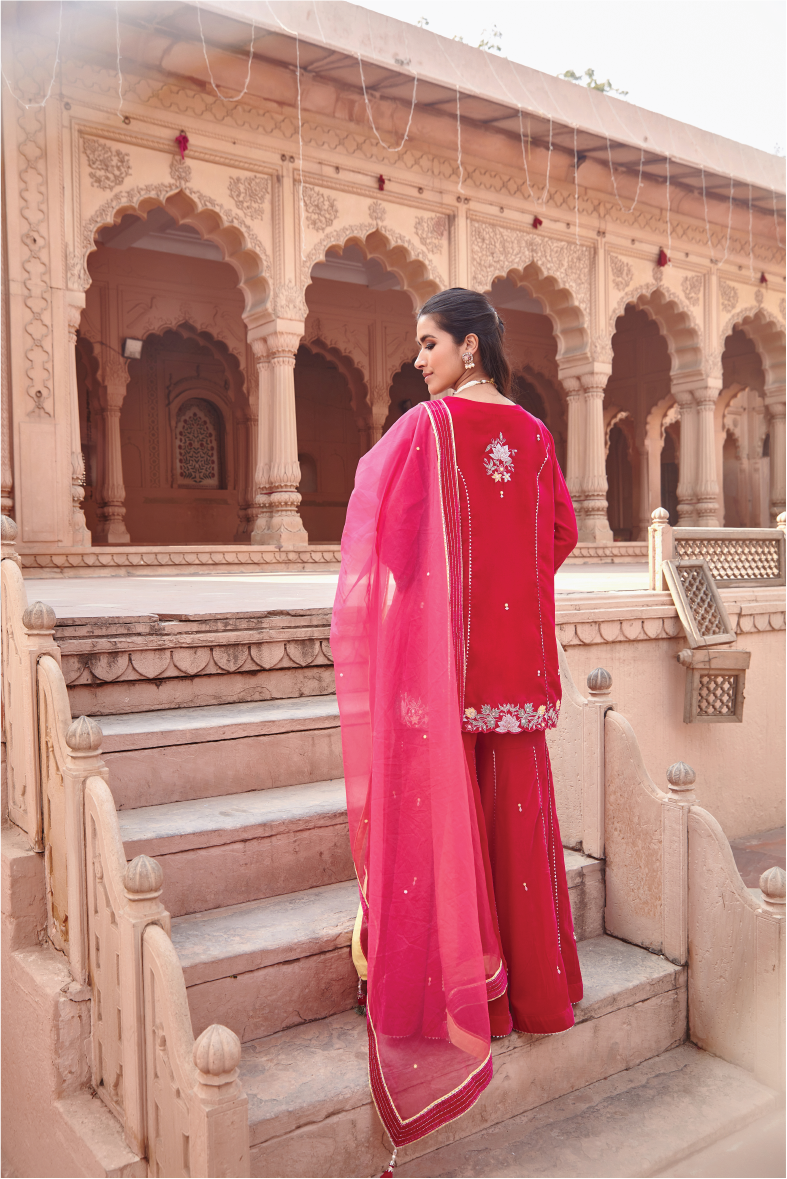 Rani Pink Embroidered Cotton Silk Kurta Garara Set - RUFI