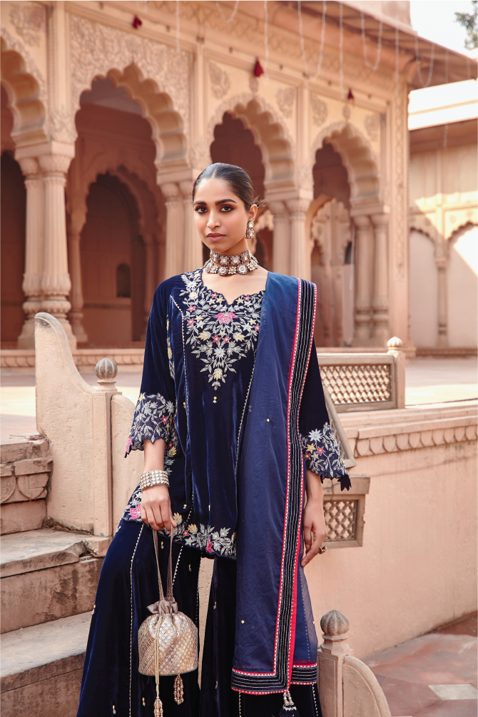 Rufi Navy Blue Hand Embroidered Short Kurta with Garara & Organza Dupatta