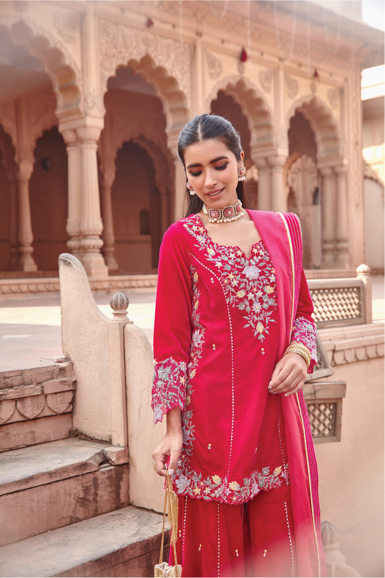 Rani Pink Embroidered Cotton Silk Kurta Garara Set - RUFI