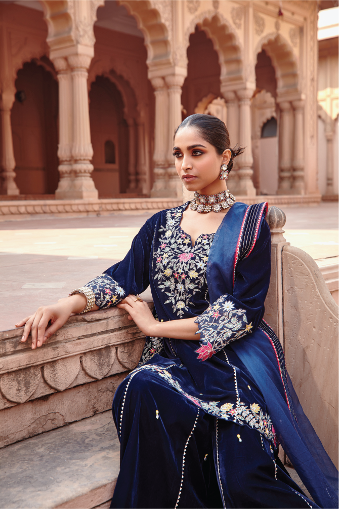 Rufi Navy Blue Hand Embroidered Short Kurta with Garara & Organza Dupatta