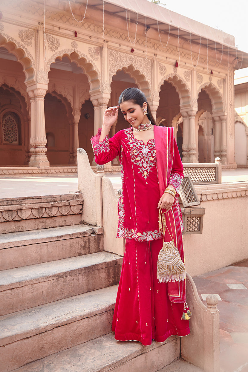 Rani Pink Embroidered Cotton Silk Kurta Garara Set - RUFI
