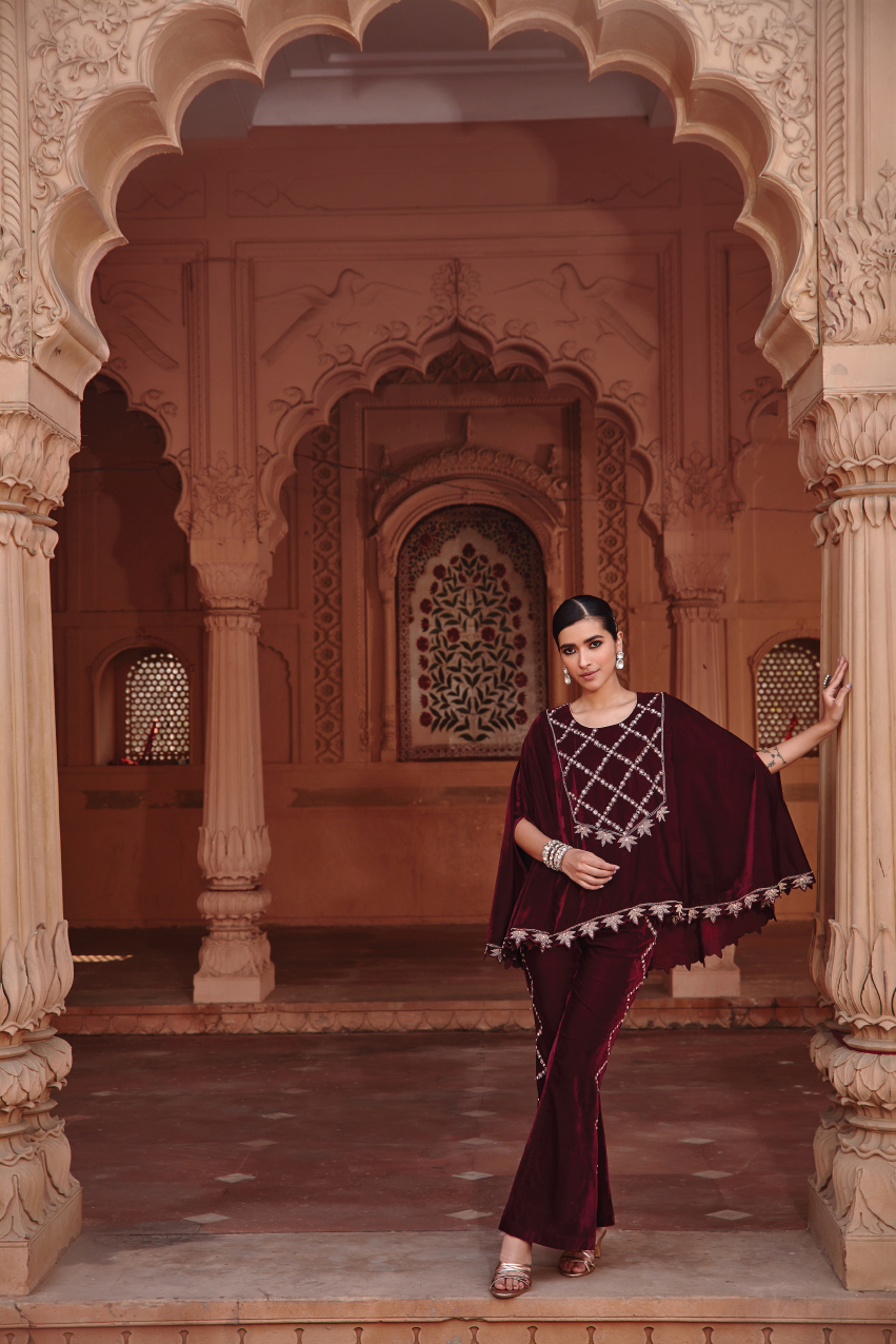 Rukhsana Wine Velvet Aari Embroidered Cape Set for Festive Occasions