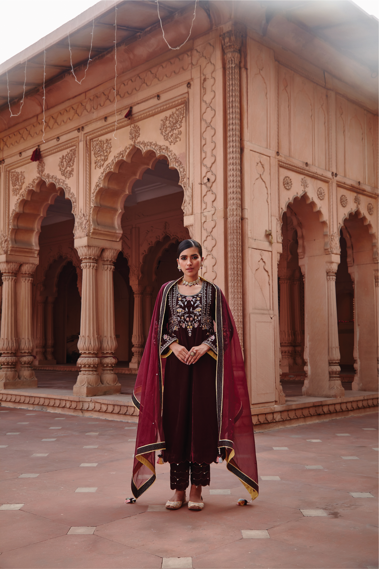 Saba Wine Embellished Velvet Kurta Set with Organza Dupatta