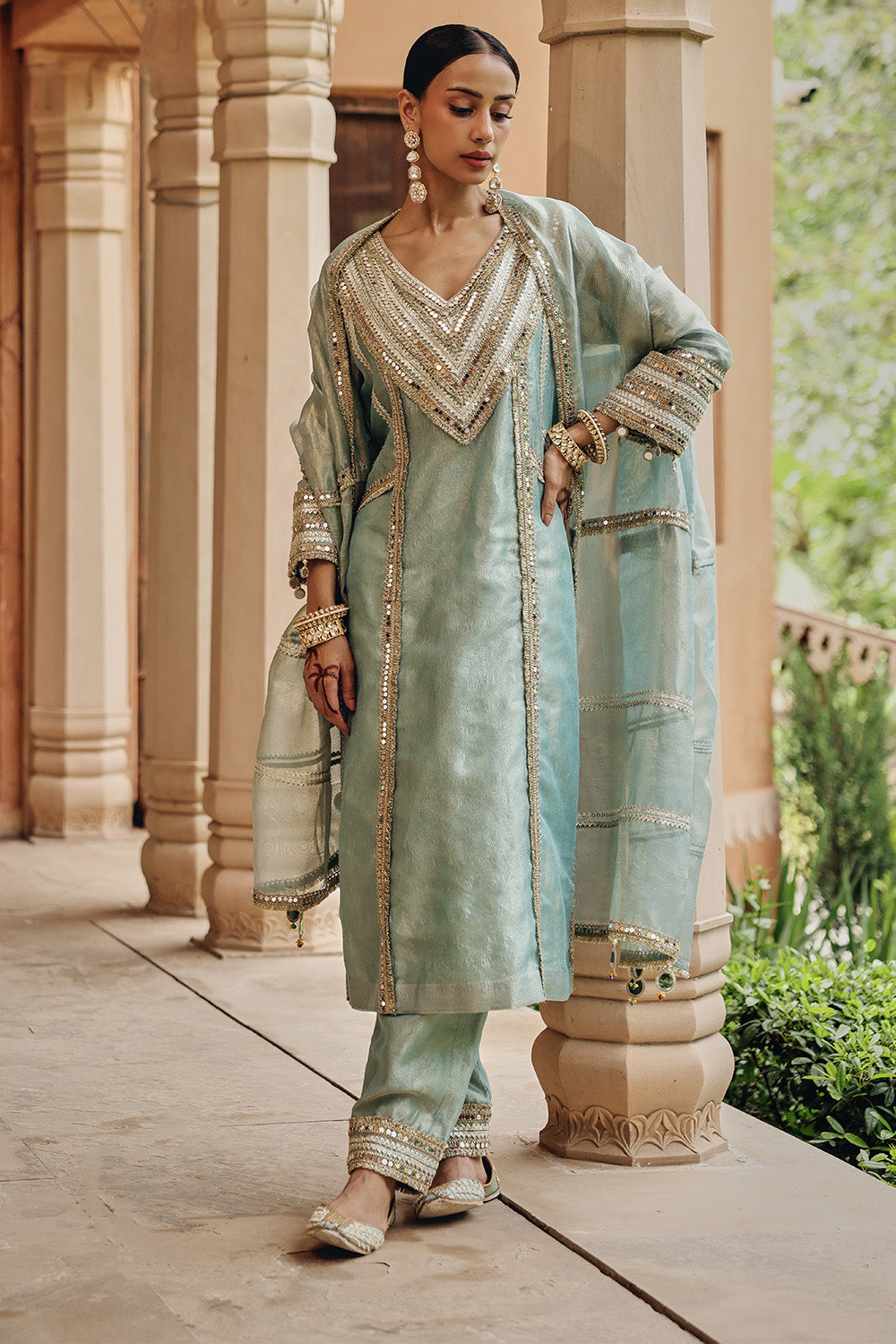 Sea Green Noor-E-Resham Zari Tissue Kurta Set for Festive Weddings