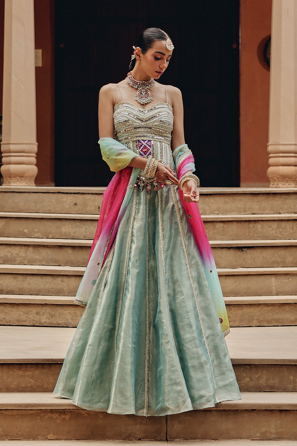 Sea Green Tissue Lehenga Set with Rainbow Organza Dupatta for Sangeet