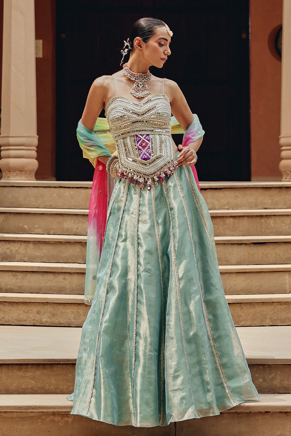 Sea Green Tissue Lehenga Set with Rainbow Organza Dupatta for Sangeet