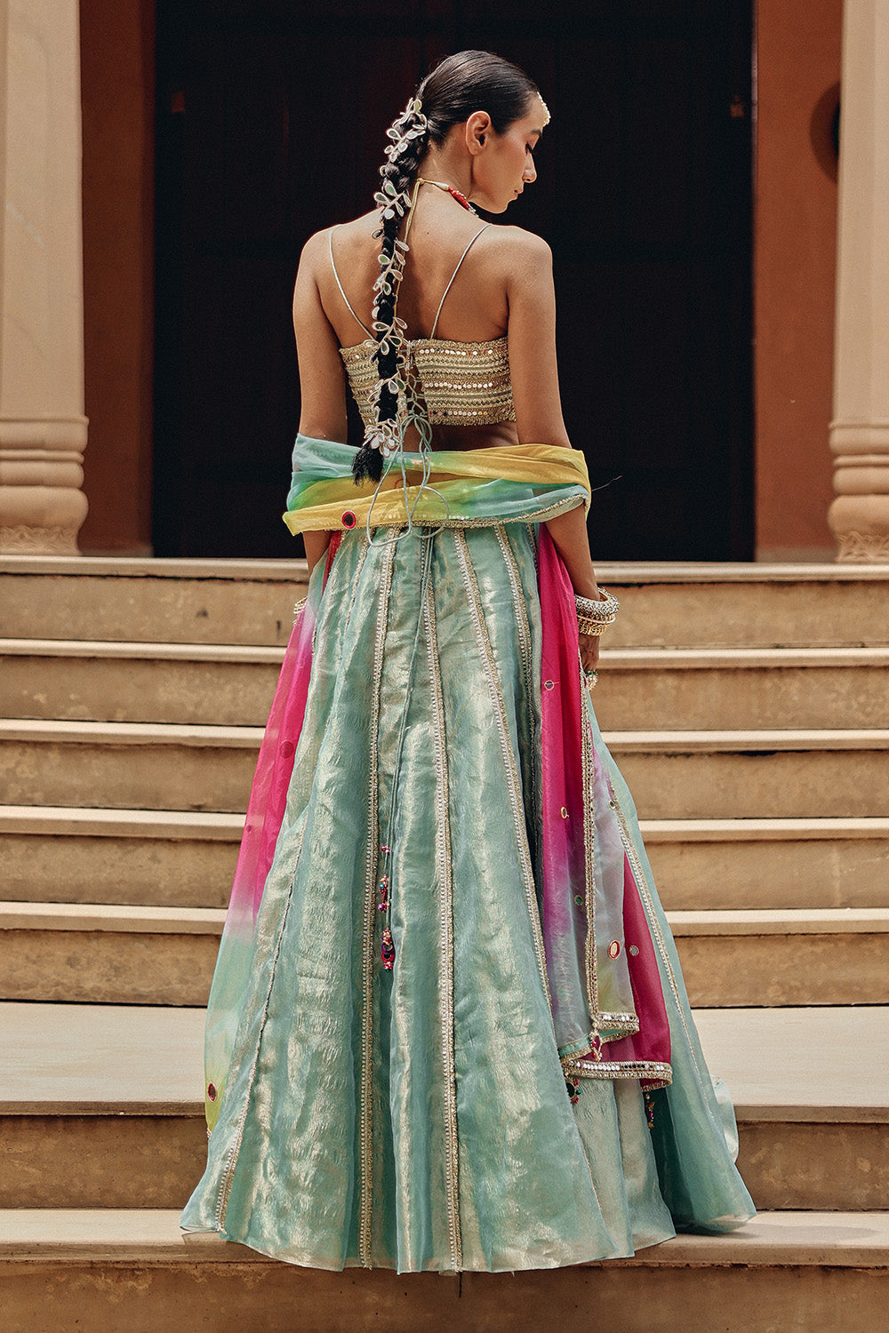 Sea Green Tissue Lehenga Set with Rainbow Organza Dupatta for Sangeet