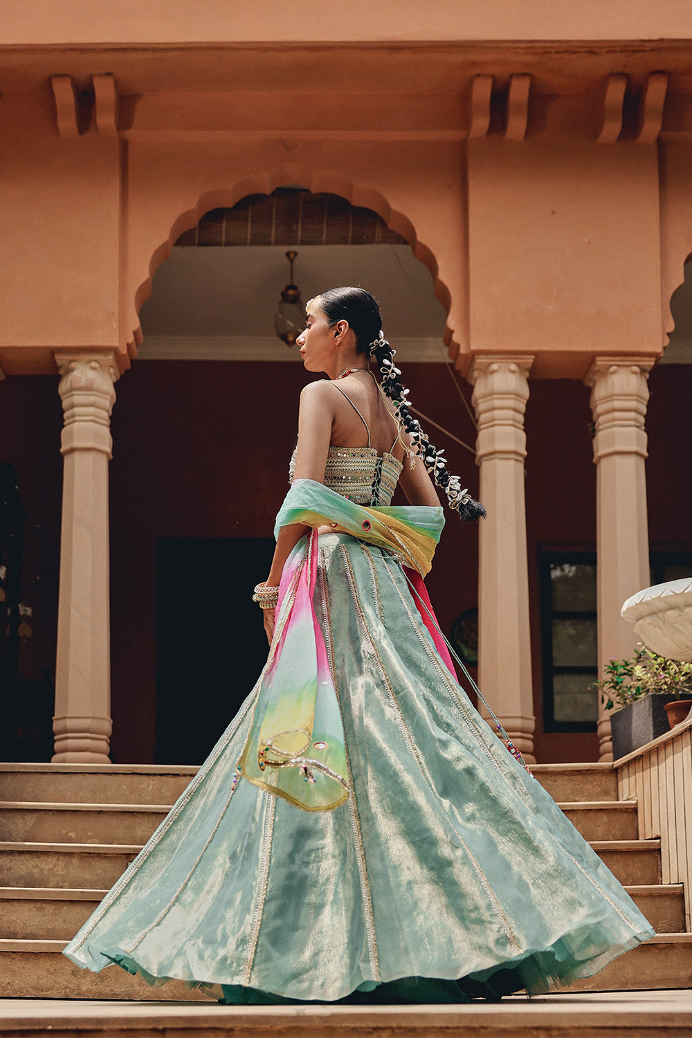Sea Green Tissue Lehenga Set with Rainbow Organza Dupatta for Sangeet
