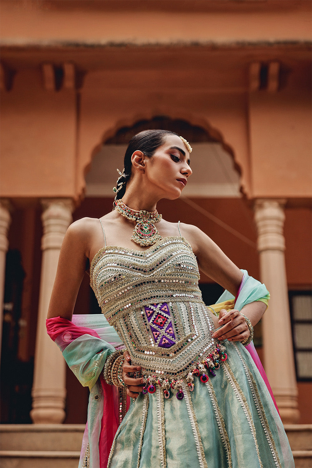 Sea Green Tissue Lehenga Set with Rainbow Organza Dupatta for Sangeet
