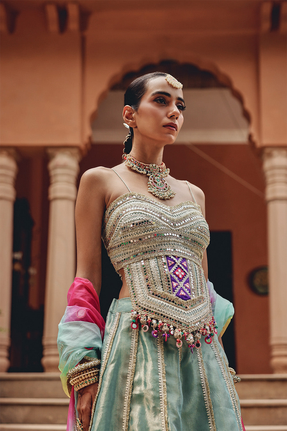 Sea Green Tissue Lehenga Set with Rainbow Organza Dupatta for Sangeet