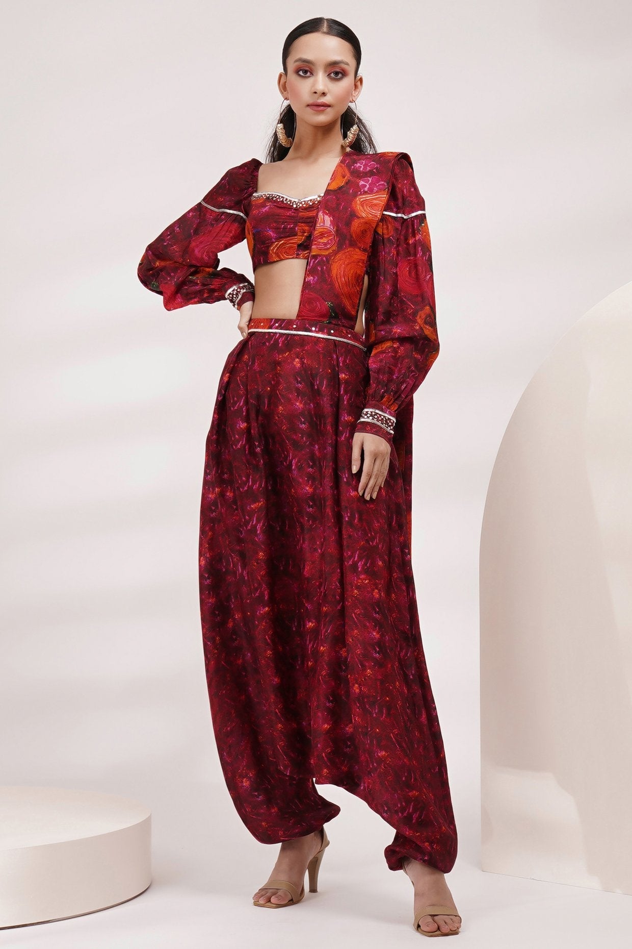 Sweet Heart Neck Cuffed Sleeve Blouse Dhoti Saree