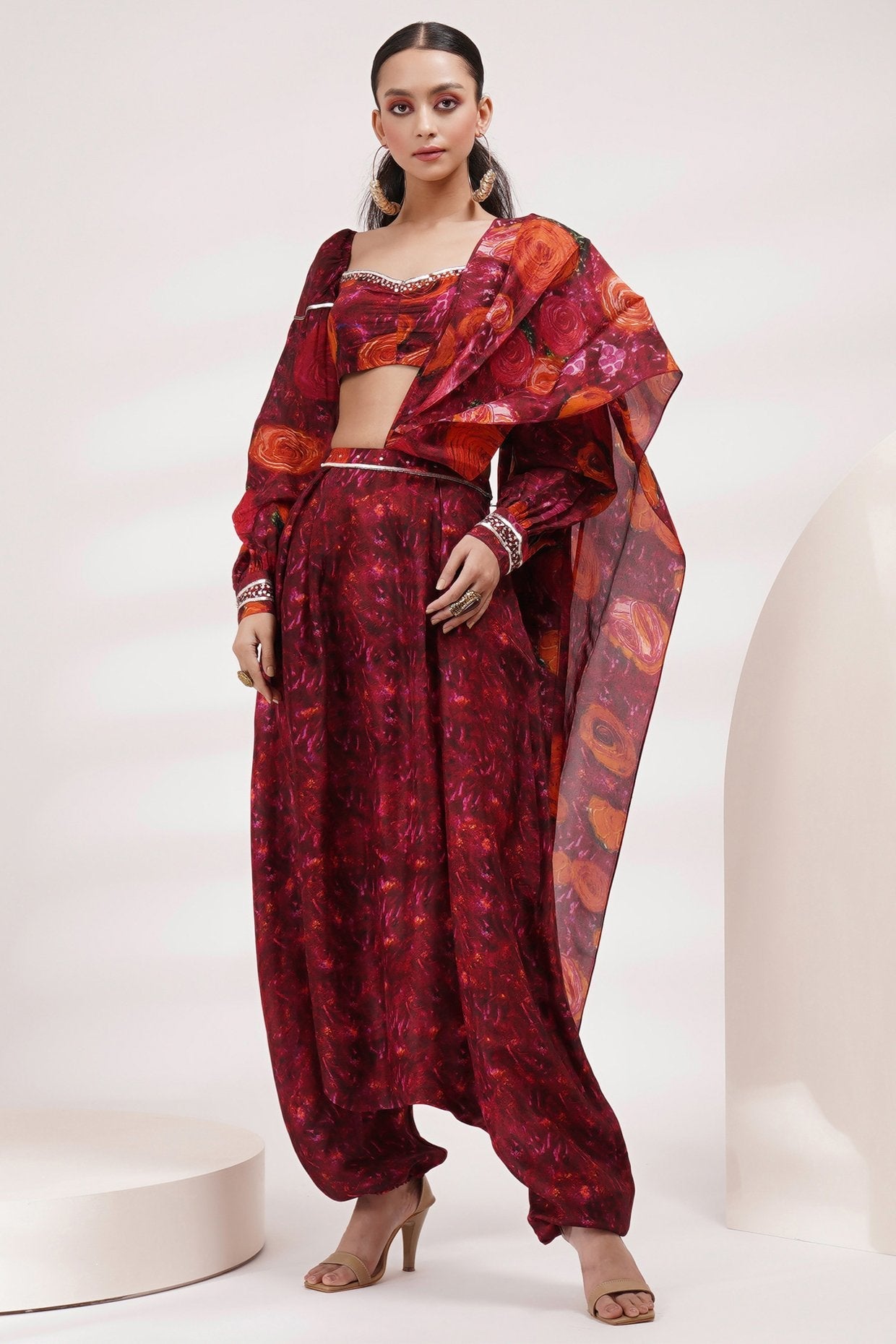 Sweet Heart Neck Cuffed Sleeve Blouse Dhoti Saree