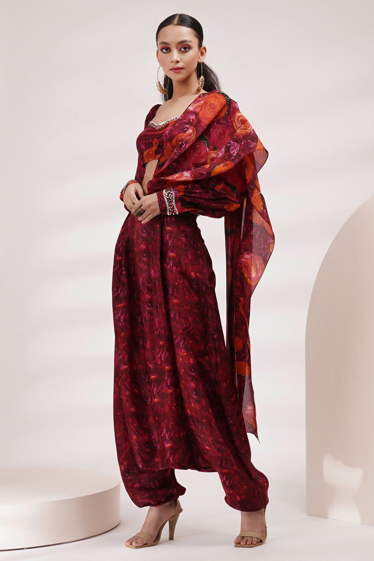 Sweet Heart Neck Cuffed Sleeve Blouse Dhoti Saree