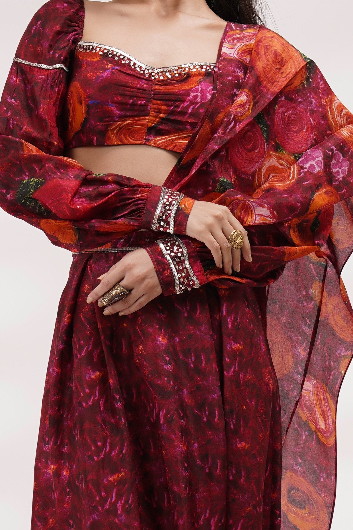 Sweet Heart Neck Cuffed Sleeve Blouse Dhoti Saree