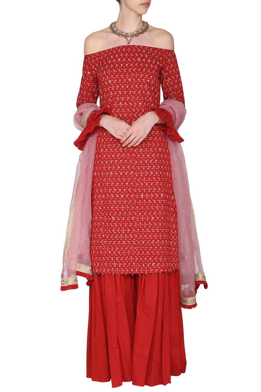 Embroidered Off Shoulder Red Kurta Set - Auraya Fashion - Seema Nanda - 