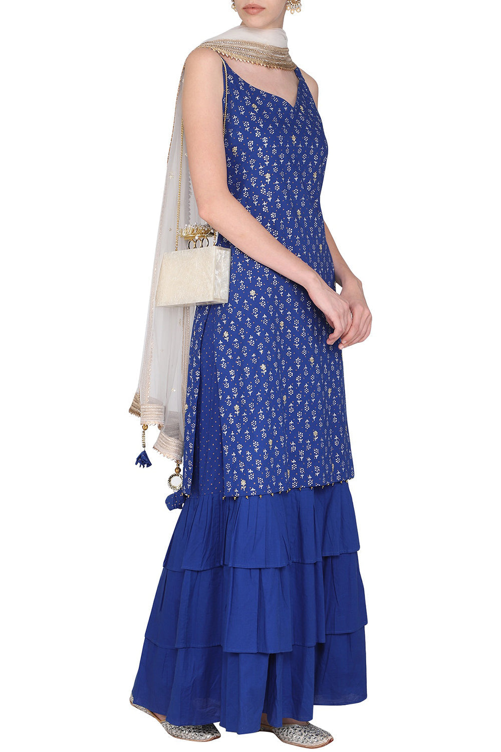 Block Print With Embroidered Electric Blue Kurta Set - Auraya Fashion - Seema Nanda - 