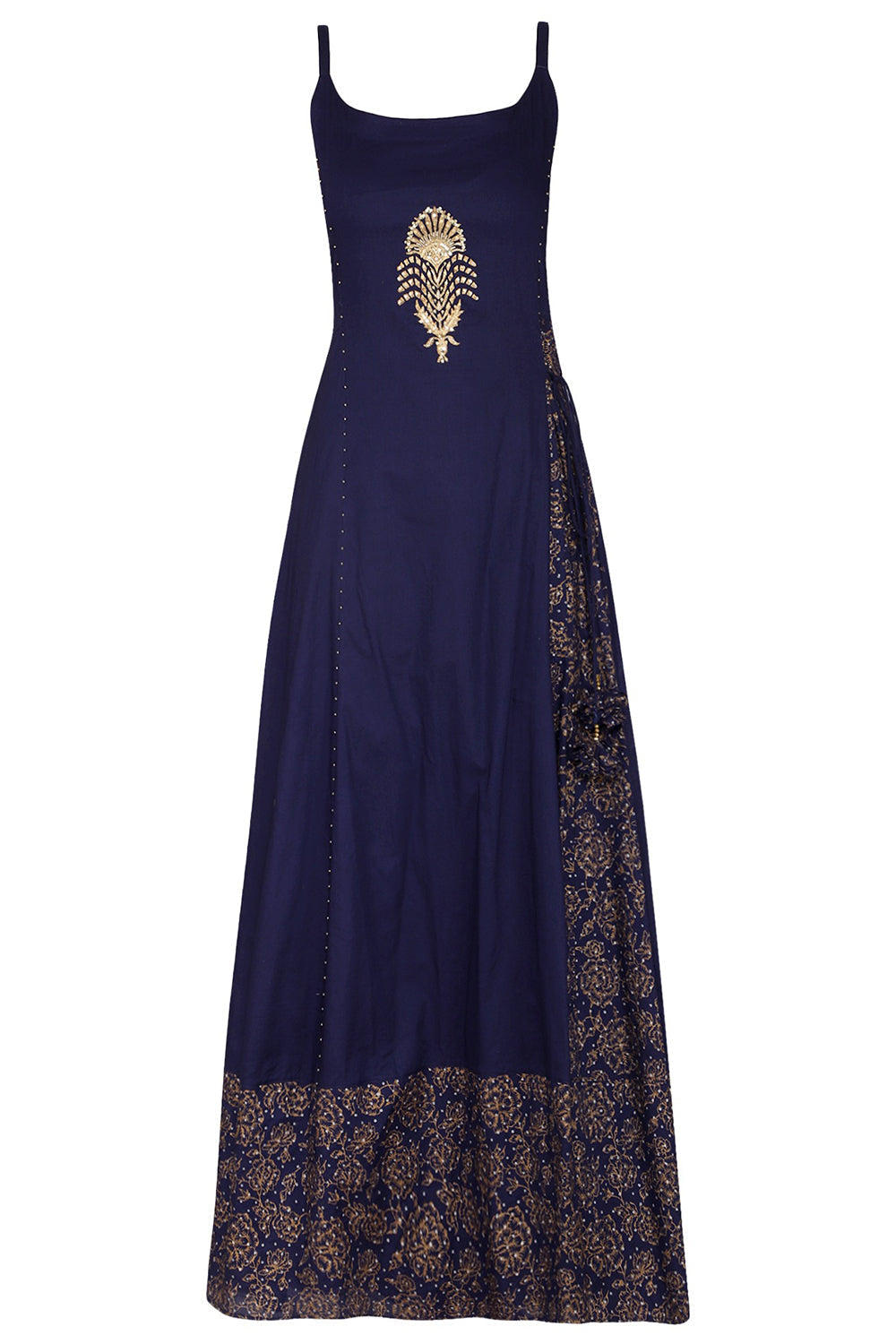 Block Printed Navy Blue Strappy Maxi Dress With Dupatta - Auraya Fashion 