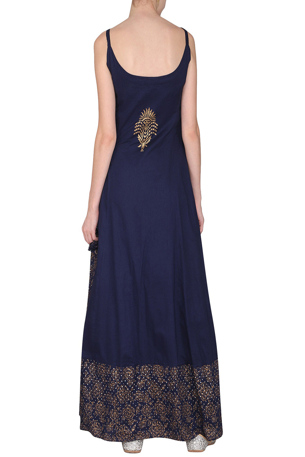 Block Printed Navy Blue Strappy Maxi Dress With Dupatta - Auraya Fashion 