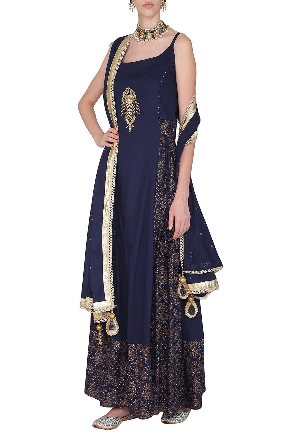 Block Printed Navy Blue Strappy Maxi Dress With Dupatta - Auraya Fashion - Seema Nanda - 