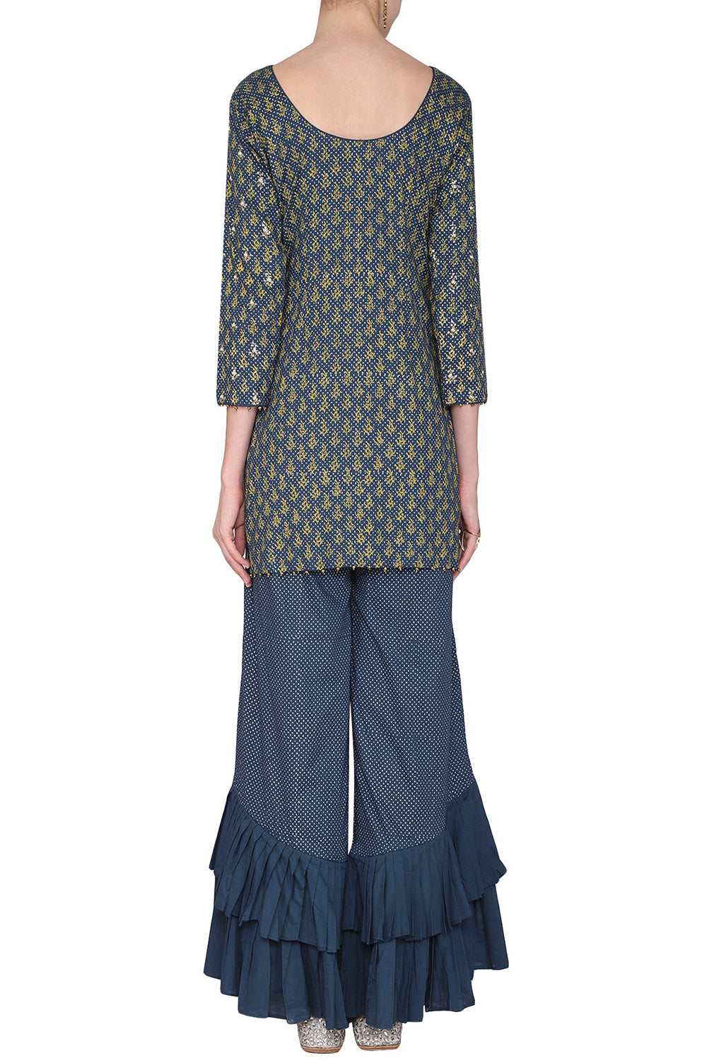 Short Prussian Blue Embroidered With Printed Kurta Set - Auraya Fashion 