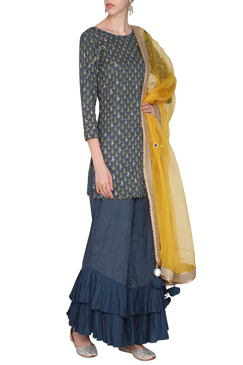 Short Prussian Blue Embroidered With Printed Kurta Set - Auraya Fashion - Seema Nanda - 