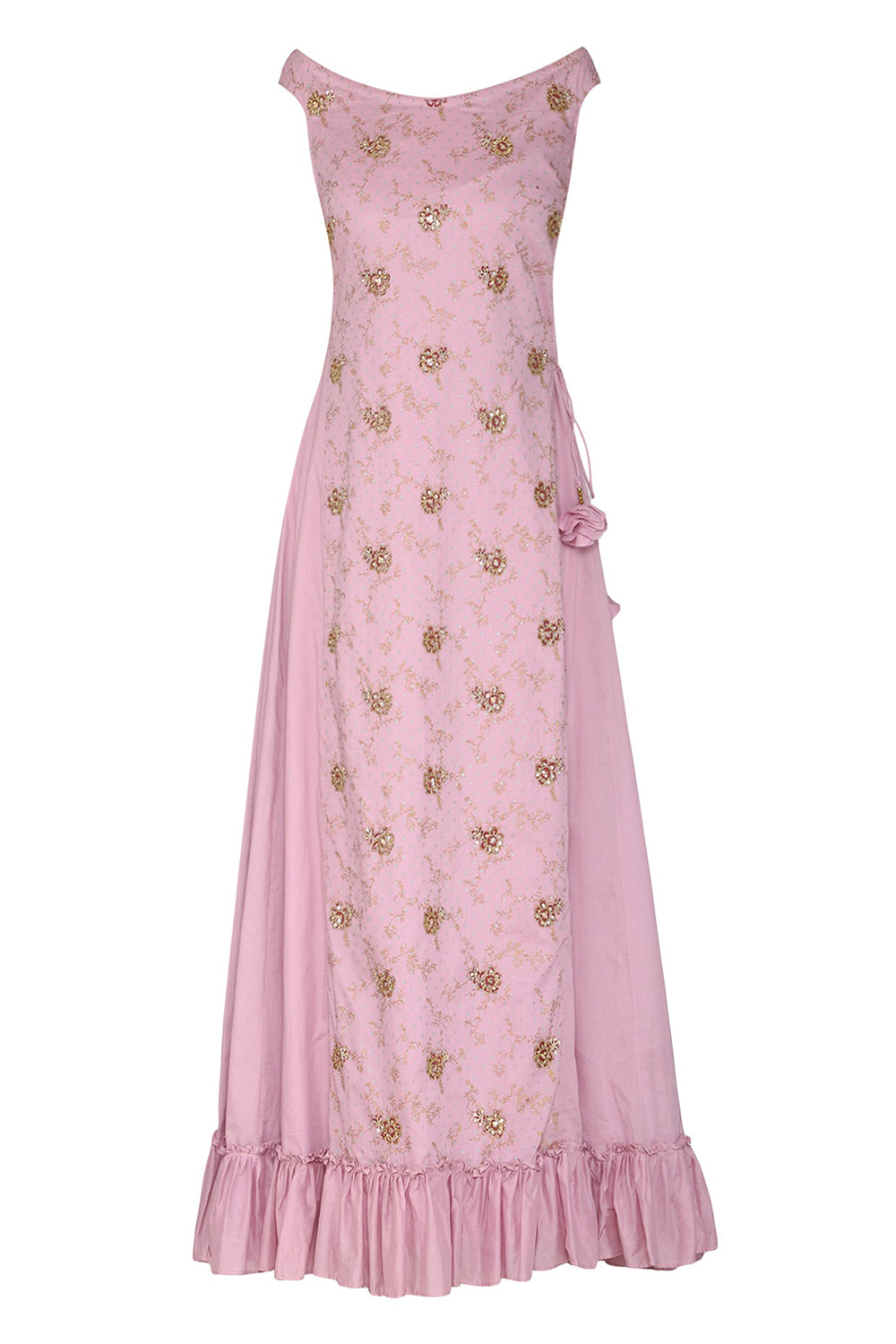 Off Shoulder Coral Dress With Embroidered Dupatta - Auraya Fashion 