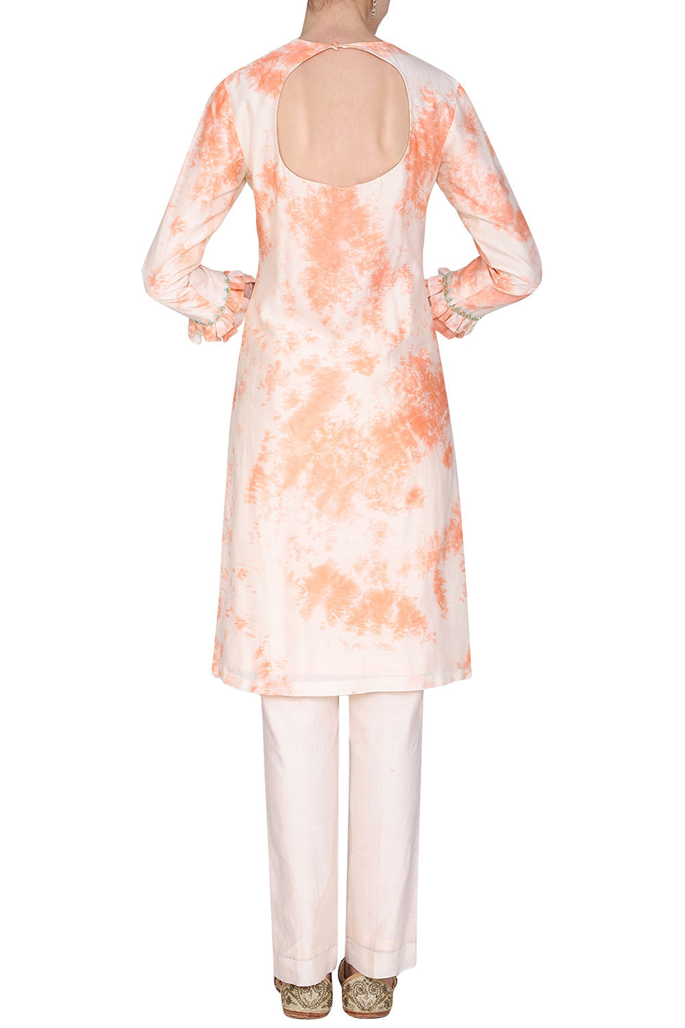 Tie With Dye Blush Peach Embroidered Kurta Set - Auraya Fashion 