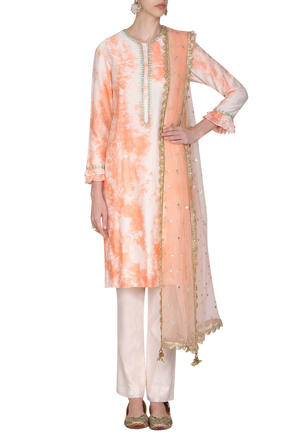 Tie With Dye Blush Peach Embroidered Kurta Set - Auraya Fashion - Seema Nanda - 