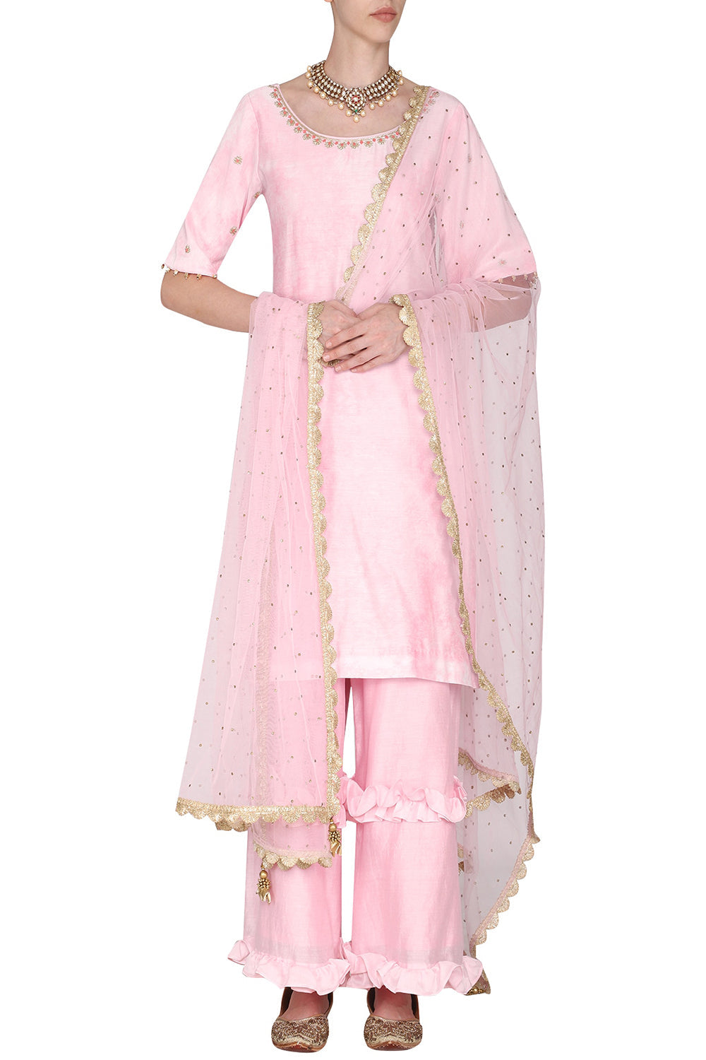 Short Pink Embroidered Kurta Set - Auraya Fashion - Seema Nanda - 