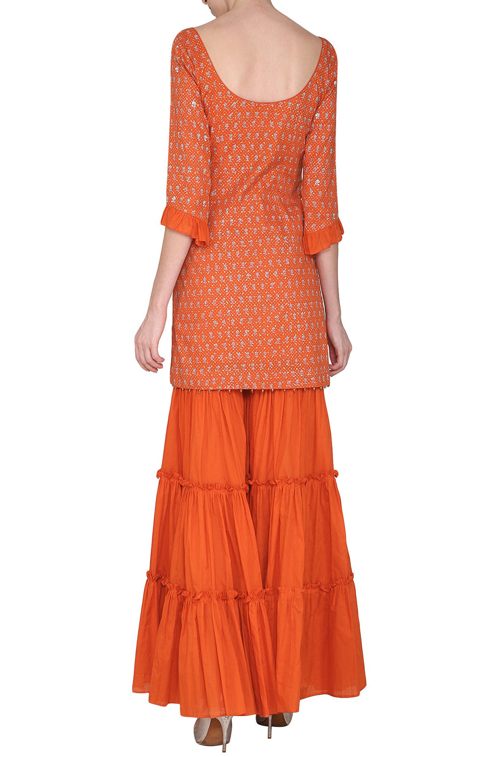 Short Orange Embroidered Kurta Set - Auraya Fashion 