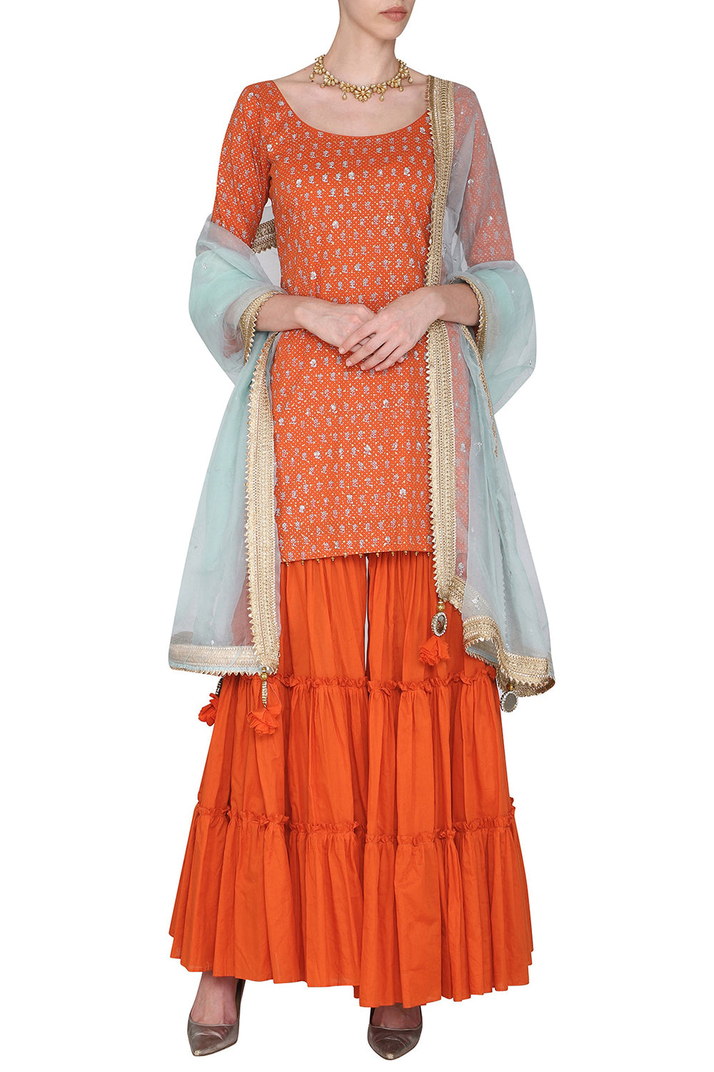 Short Orange Embroidered Kurta Set - Auraya Fashion - Seema Nanda - 